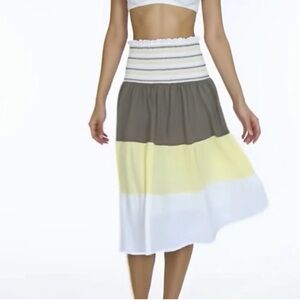 Women Color Block Tiered Midi Skirt Grey Yellow White Cotton Size M NWT